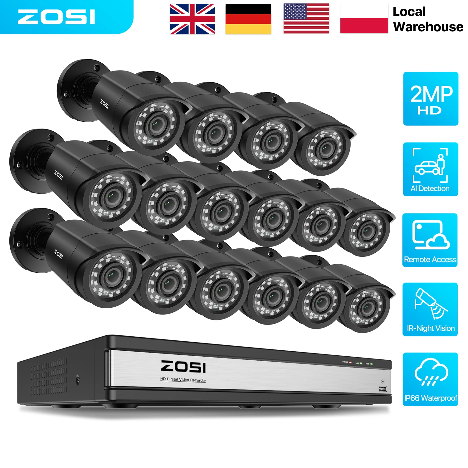 ZOSI 16CH 3K Lite HD Video Security System 4IN1 H.265+ DVR with 162MP Dome Weatherproof Surveillance Cameras CCTV Kit