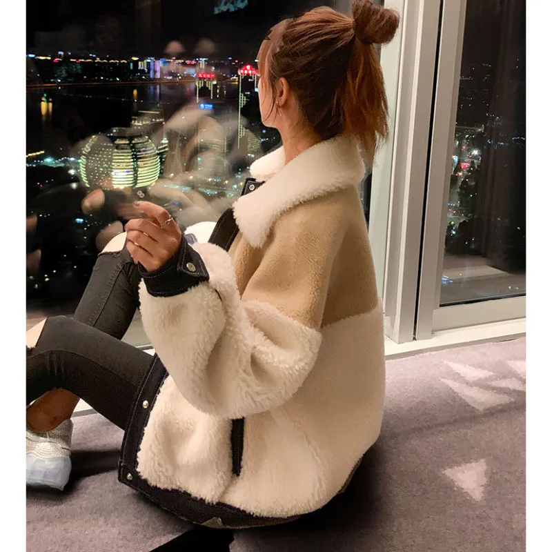 Splicing Lambswool Jacket Women Short Overcoat Autumn Winter 2023 New Fur One Thick Warm Parker Coat Fashion Loose Sweet Jacket