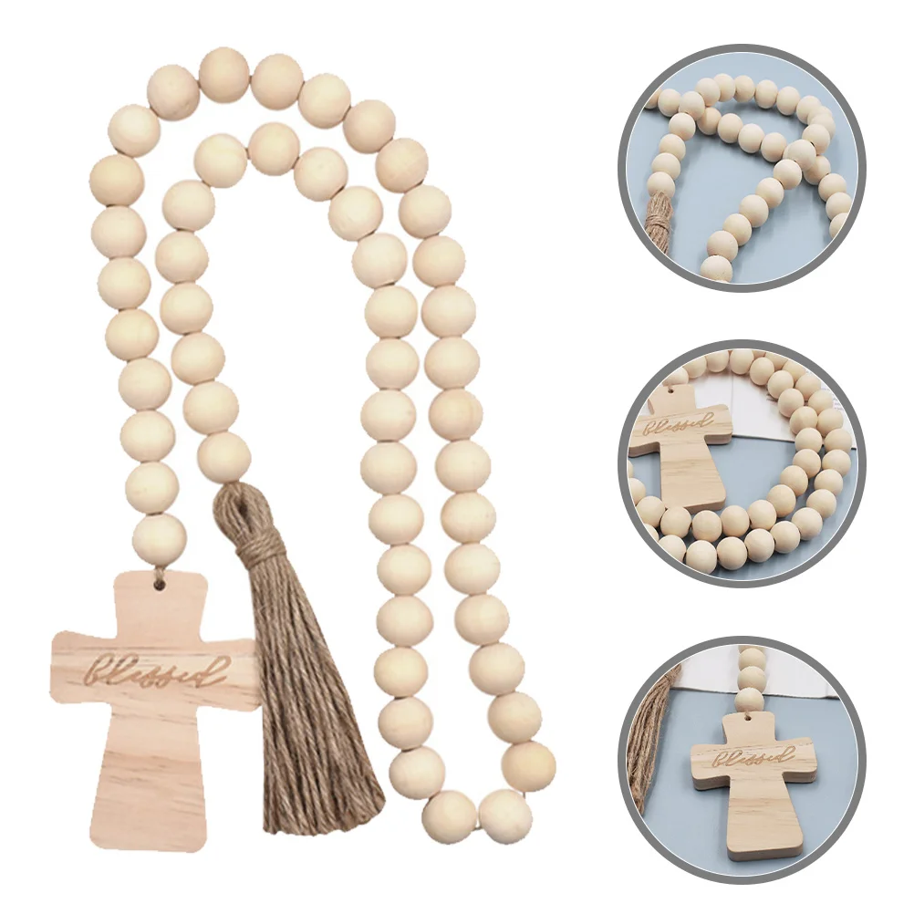 

Wood Bead Garland with Tassel Rustic Wooden String Dcor for Tray Vase Table Fireplace Living Room Festival Wall Hanging