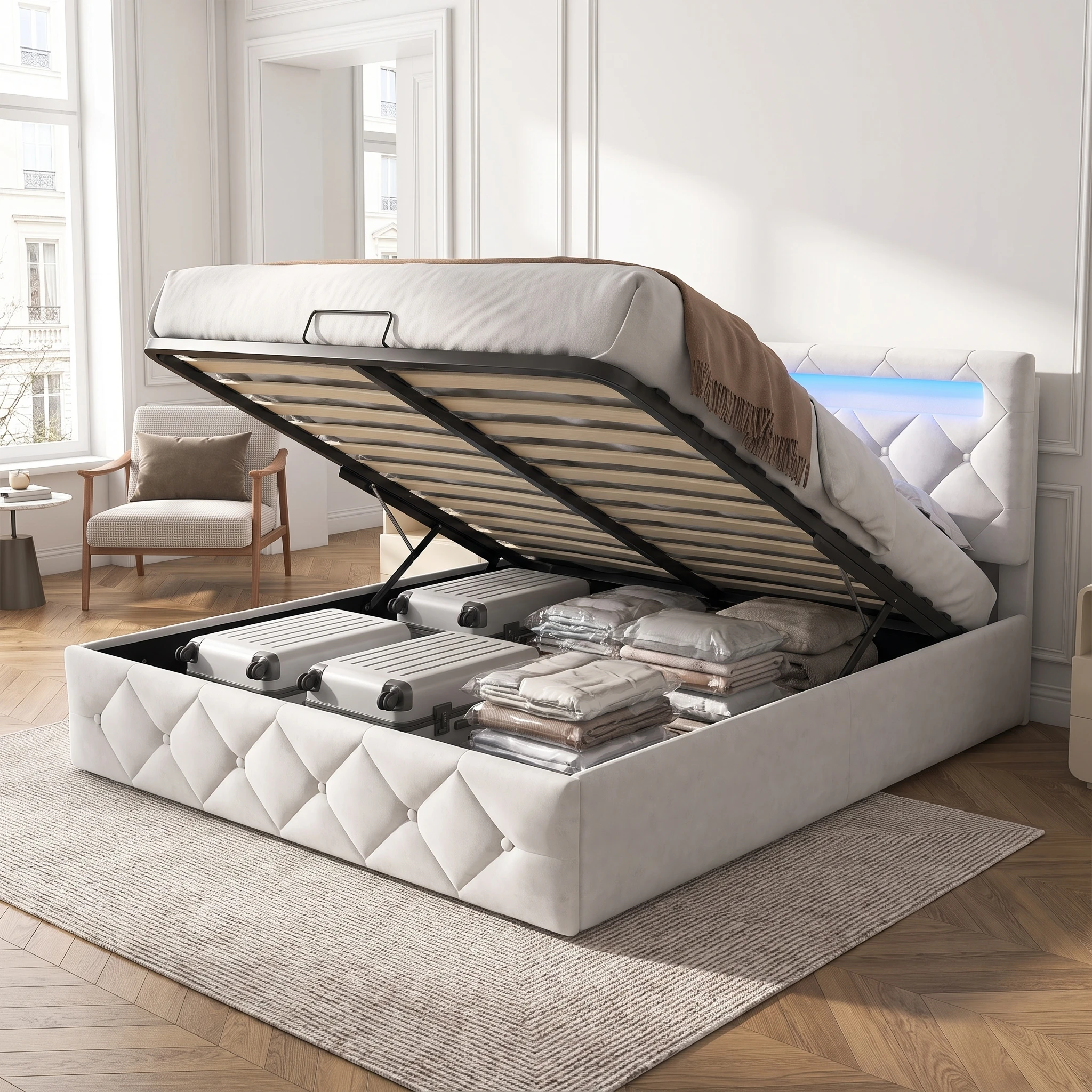Comanlai Polsterbett mit pneumatischer Hubfunktion und Stauraum, Doppelbett, mit LED-Nachttischlampen und großem Stauraum unter dem Bett, Schlafzimmermöbel (Matratze nicht inbegriffen) 160x200cm Beige