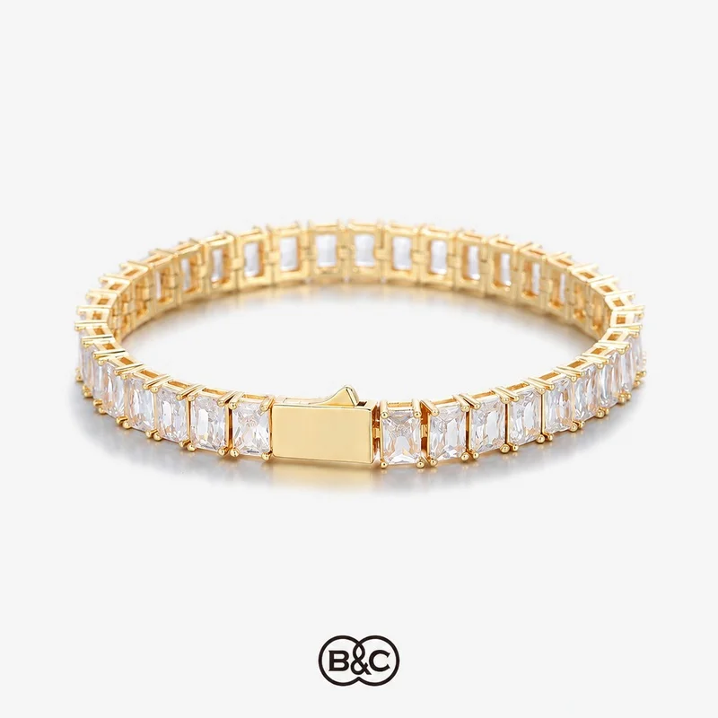 B&C Men Silver Tennis Bracelet Square CZ Iced Out Wrist Chain Hop Minimal Luxury Bracelet Fashion Jewelry Daily