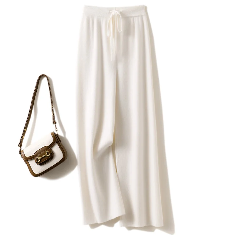 100% Merino Wool  Women's Pants Autumn Winter Basic Soft Warm Drawstring Trousers Popular Knitwear Pants Korean Style