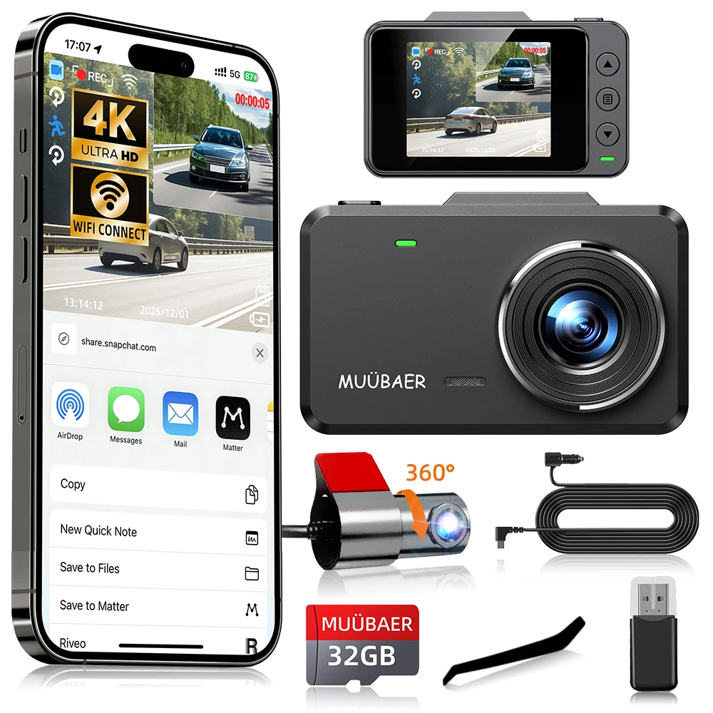 

4K Dual Dash Cam Front & Rear | 2" IPS Screen Built-in WiFi WDR Night Vision Loop Recording + Free 32GB Card