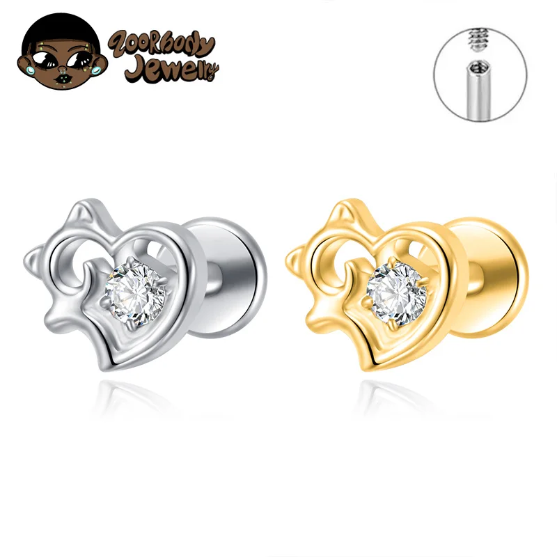 G23 Titanium Cat Shaped Heart Ear Conch Lab Piercing Internal Thread Lip Inlaid Cute Cubic CZ Flat Tragus Stud Women Labret