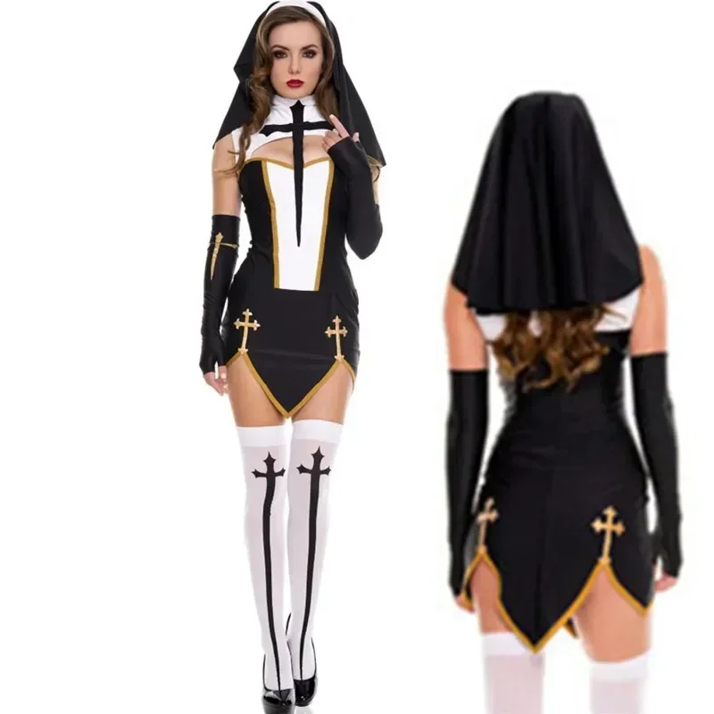 Volledige Set Sexy Slechte Gewoonte Nun Kostuum Vrouwen Exotische Rollenspel Uniform Adult Halloween Cosplay Religieuze   Dress