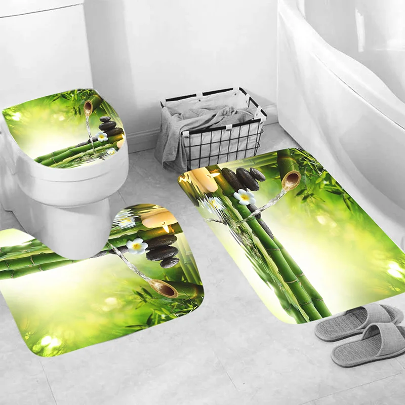 Full Set Bathroom Shower Curtain And Toilet Bath Mat Non-slip Rug Carpet Green Bamboo Bathroom Curtain For Bath Decoration