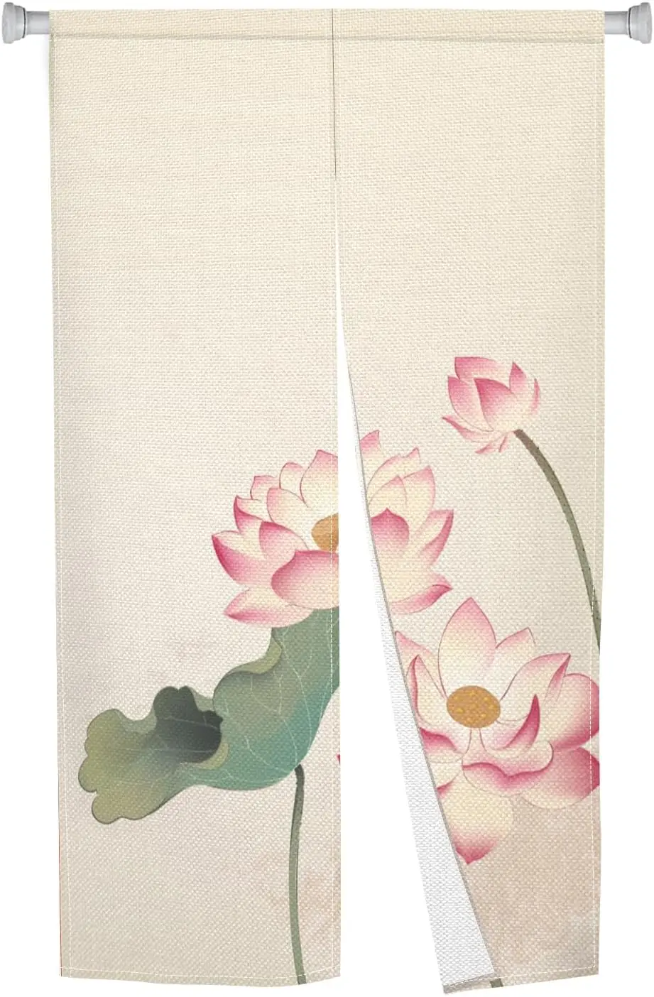 Tranquil Japanese Lotus Curtain,Beige Linen Watercolor Pink Lotus & Leaf Print For Entryway & Study,Fresh Oriental Decor Curtain