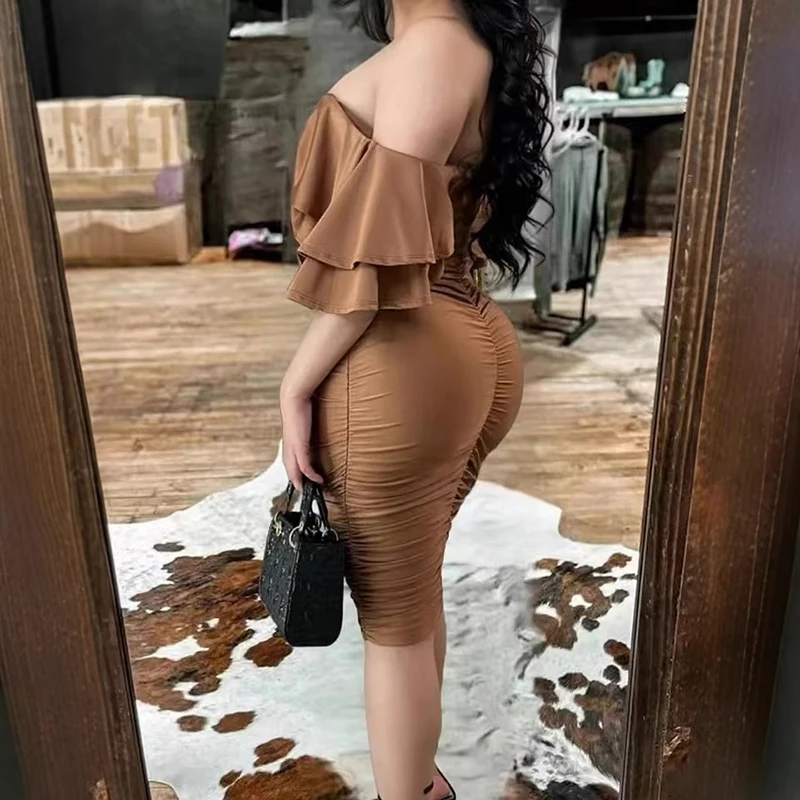 Summer New High Waist Pleated Midi Dress Vintage Pure Color Off Shoulder Evening Dress Sexy Low Cut Shawl Sleeve Wrap Hips Dress