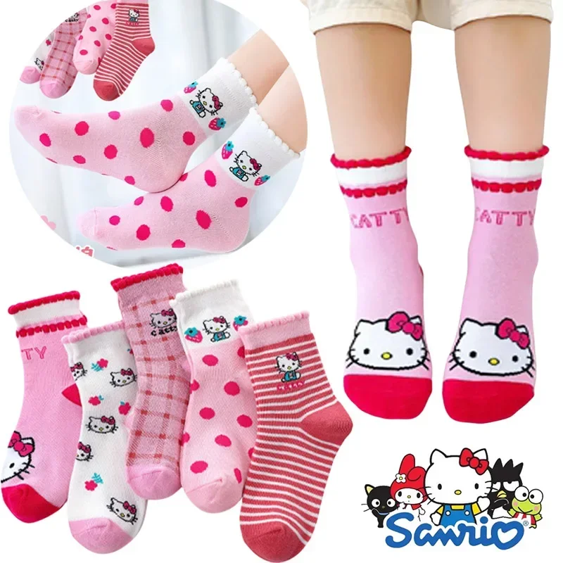 5 paia Sanrio Hello Kitty calzini per bambini calzini per ragazze in cotone Cute Children Baby Princess Sock Cartoon autunno inverno calza 3-12Y