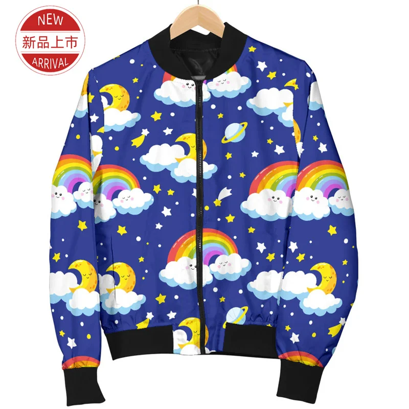 Jaket motif pelangi 3D lucu jaket kerah grafis hati warna-warni pakaian jalanan kasual jaket wanita atasan