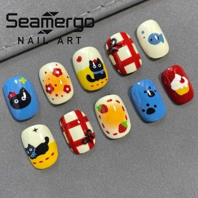

10PCS Colorful Handmade Press on Nails Summer Dopamine with Hand Painted Cat Strawberry Pattern Fake Nails Alphabet Daily Design