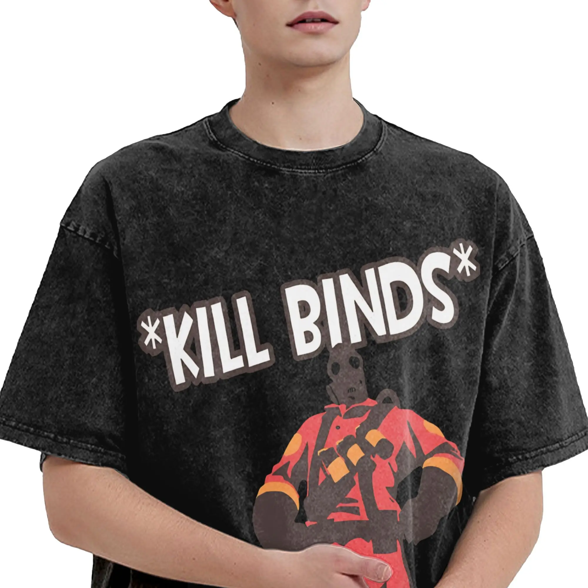 TF2 - Kill Bind Pyro Team Fortress 2 Washed T Shirt Streetwear Hip Hop Vintage T-Shirts  Tees Tops Men Women Streetwear