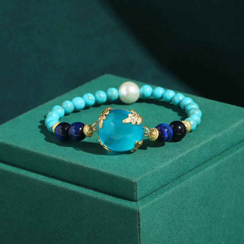 

Large Ice Glass Turquoise Beads Bracelet Vintage Charm Jewelry Retro Pearl Luxury Antique Gold Plated Accessories For Ladies New