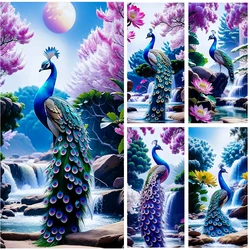 Large 5d Diamond Embroidery Animal Purple Peacock Full Square Round Mosaic Art Set Waterfall Scenery Gift Wall Art DIY X1207