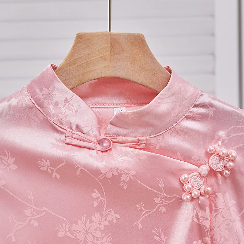 Vintage Chinese Style Jacquard Shirts High Neck Pearl Buckle Pink Long Sleeve Lady of Temperament Elegance Office Basics Shirt