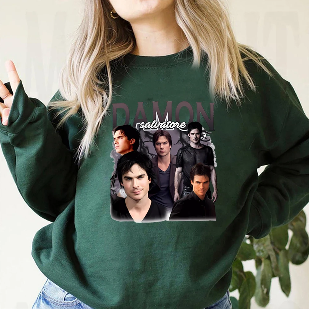 Damon Salvatore Sweatshirt 90s Retro Vampire Diares Hoodie Vintage Bootleg Style T-Shirt Salvatore Brothers Crewneck Sweatshirts