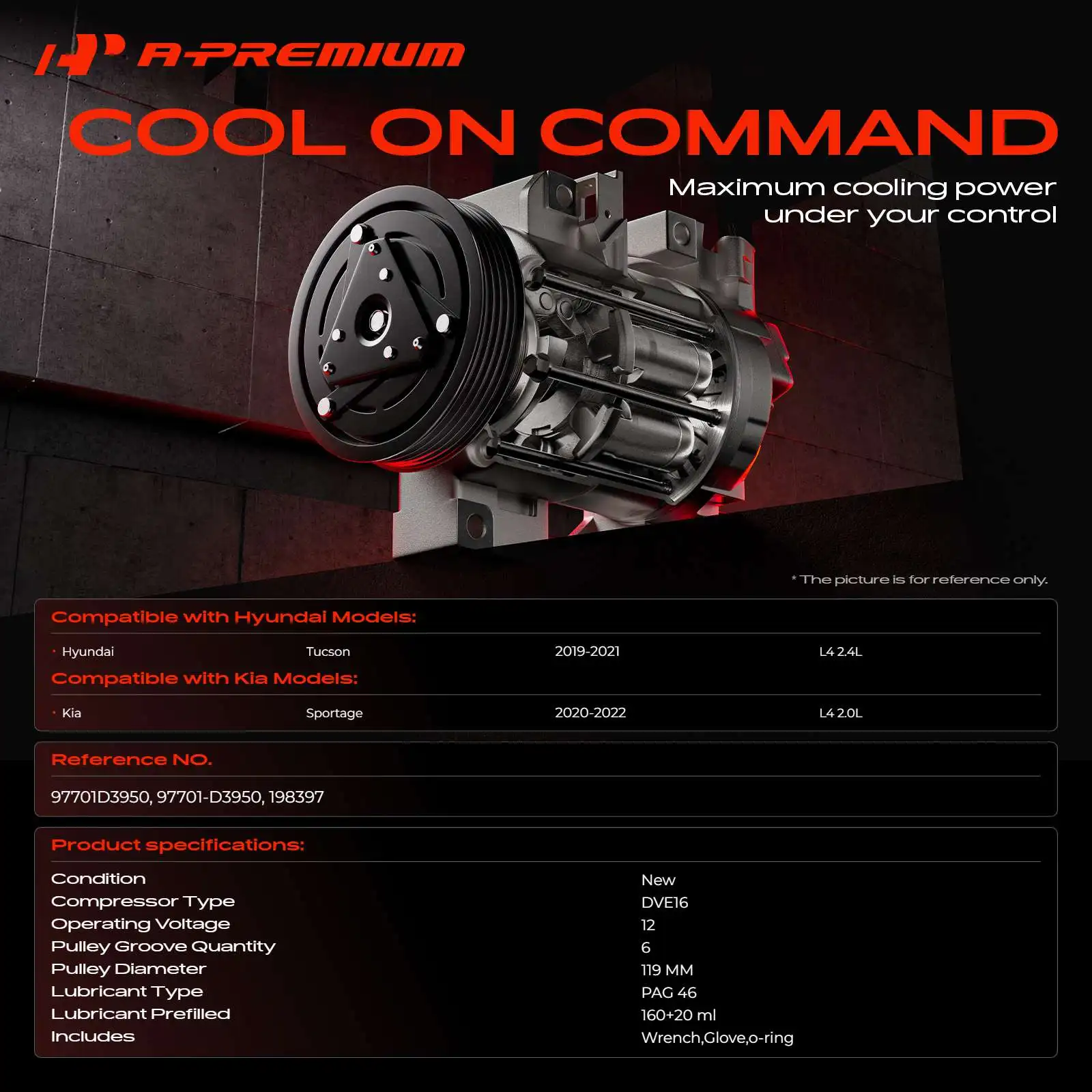 A-Premium AC Compressor with 6-Groove Pulley for Kia Sportage 2020-2022 Hyundai Tucson 2019-2021