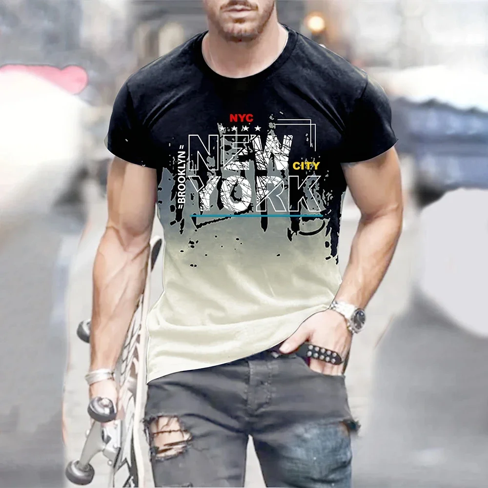 

Men's New Fashion Letter Gradient 3D Printed Pattern Men's T-shirt Extra Large Casual O-Neck Short Sleeve Street Clothing
