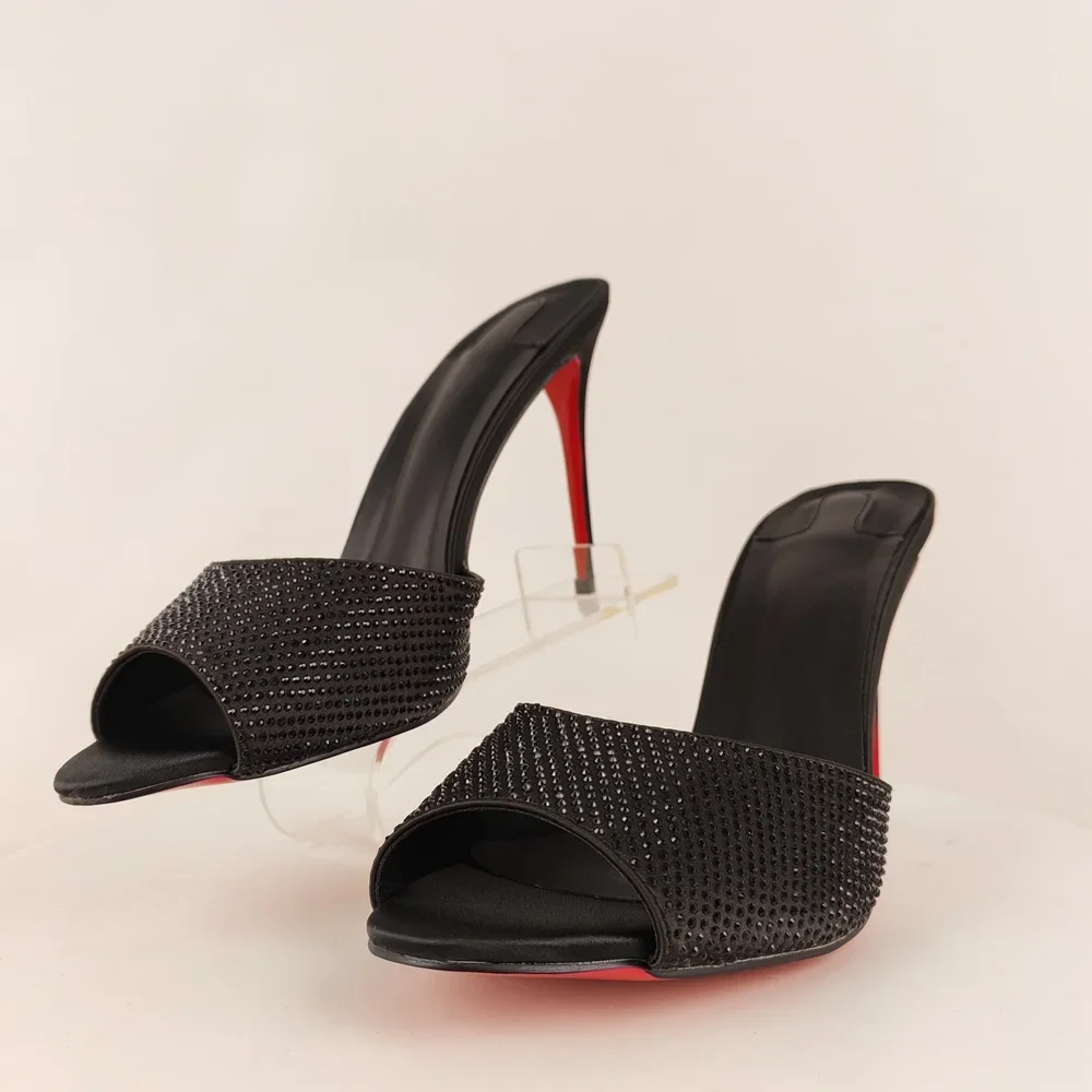 Black Satin Rhinestone Strap Women Stiletto High Thin Heels Pumps Mules Peep Toe Backless Sandals Red Sole Slippers Sexy Shoes