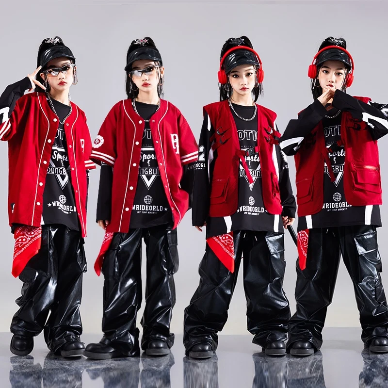 

Street Dance Outfit Children Hip Hop Fashion Clothes Girls Red Shirt Black Top Pants Oversize Jazz Dance Clothing Dancewear 1350