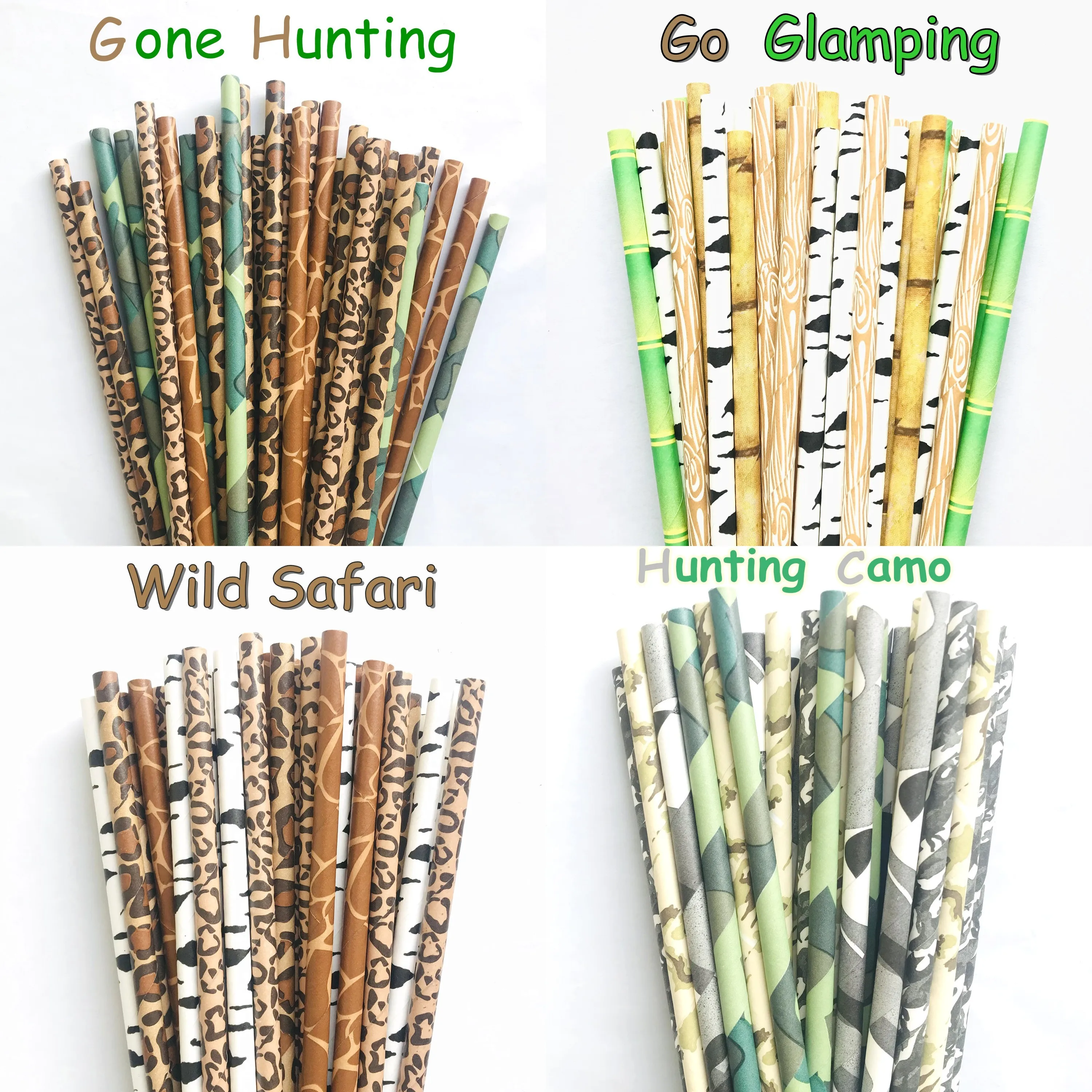 100 Pcs Safari Party Paper Straws,Brown Black Green Camo Animal Leopard Giraffe Cheetah Zebra Bamboo Tree Jungle Zoo Wild Picnic