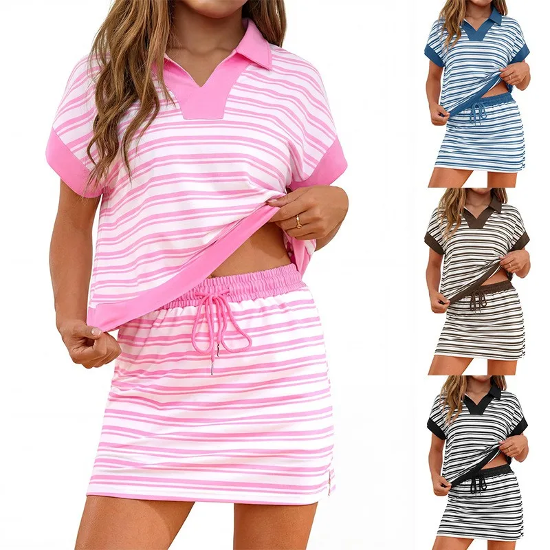 

Summer 2 Piece Set V Neck Crop Top Striped Dress Drawstring Waist Side Slit Black And White Mini Dress Relaxed Fit Casual Dress