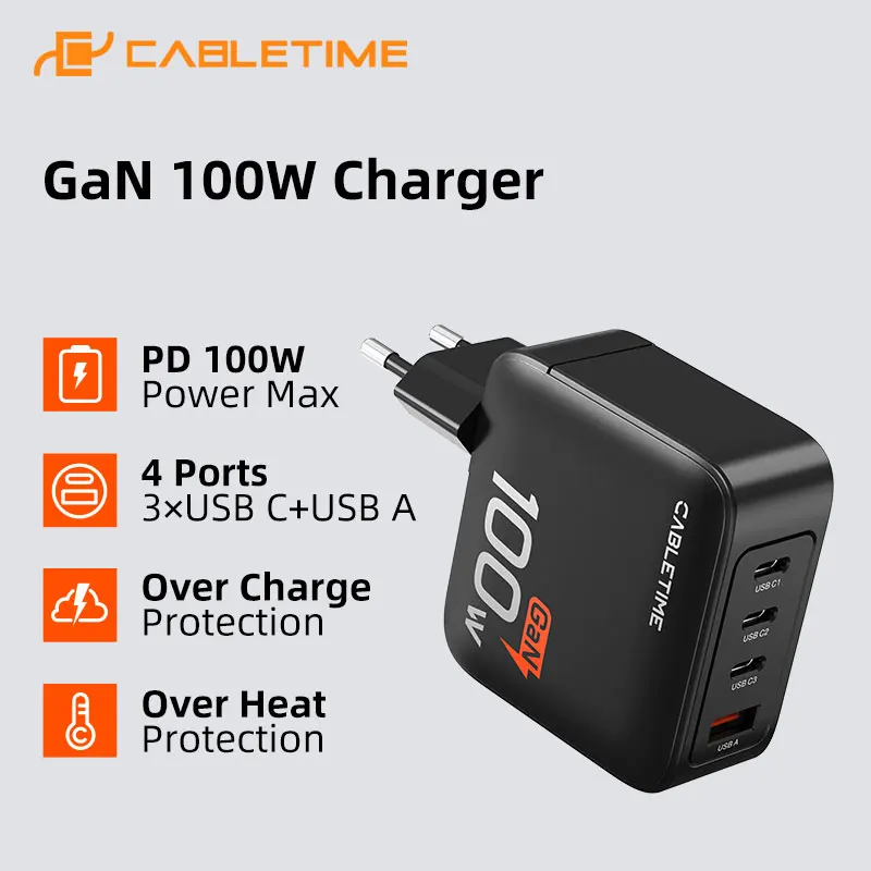 

CABLETIME 100 Вт GaN Зарядное устройство QC 3.0 PD Быстрое зарядное устройство USB C Зарядное устройство для телефона типа C Быстрая зарядка для iPhone 16 pro Macbook Ноутбук