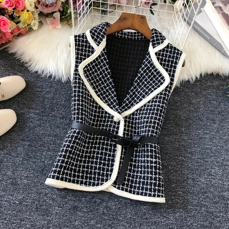 

Plaid Vintage Turn-down Collar With Belt Sleeveless Vest Loose Women's Jacket Coat Korean Fashion Jackets For Women Winter Z589