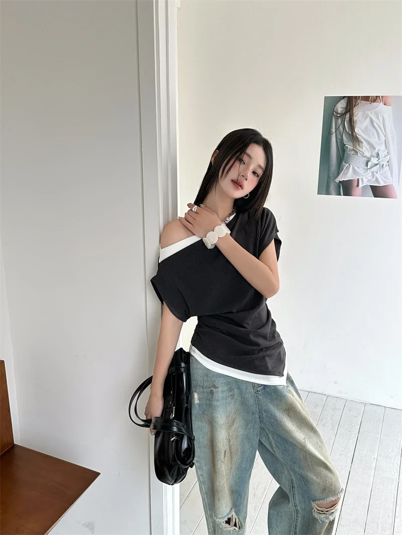 شيرارت قبالة الكتف المرقعة غير المتكافئة للمرأة 2025 الصيف تي شيرت مصمم تيز ملابس علوية صلبة #4