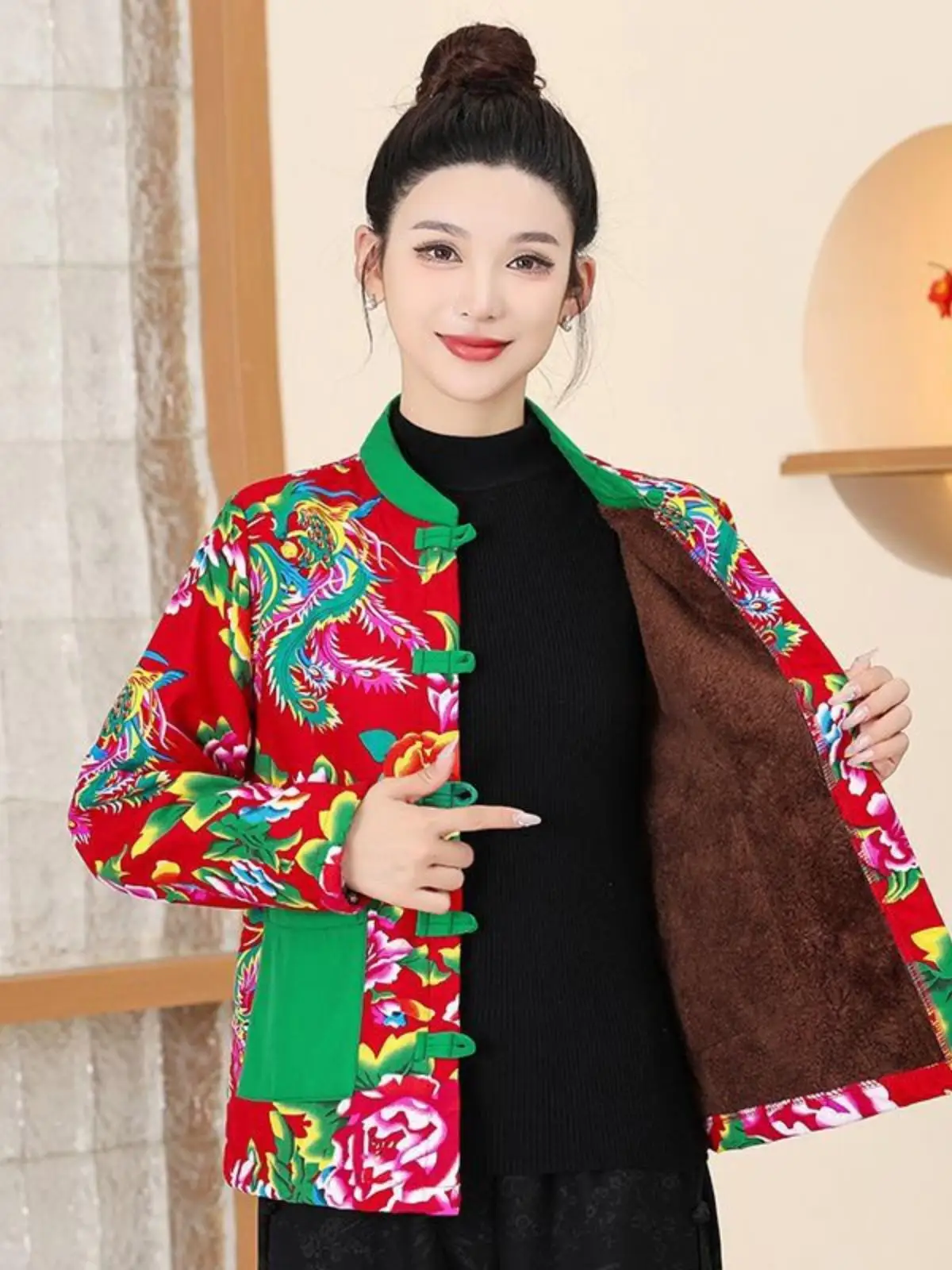 Thiened Fce 裏地付き大花柄コットンジャケット暖色系ブロ冬コートエスニックレトロ中国風女性用アウター