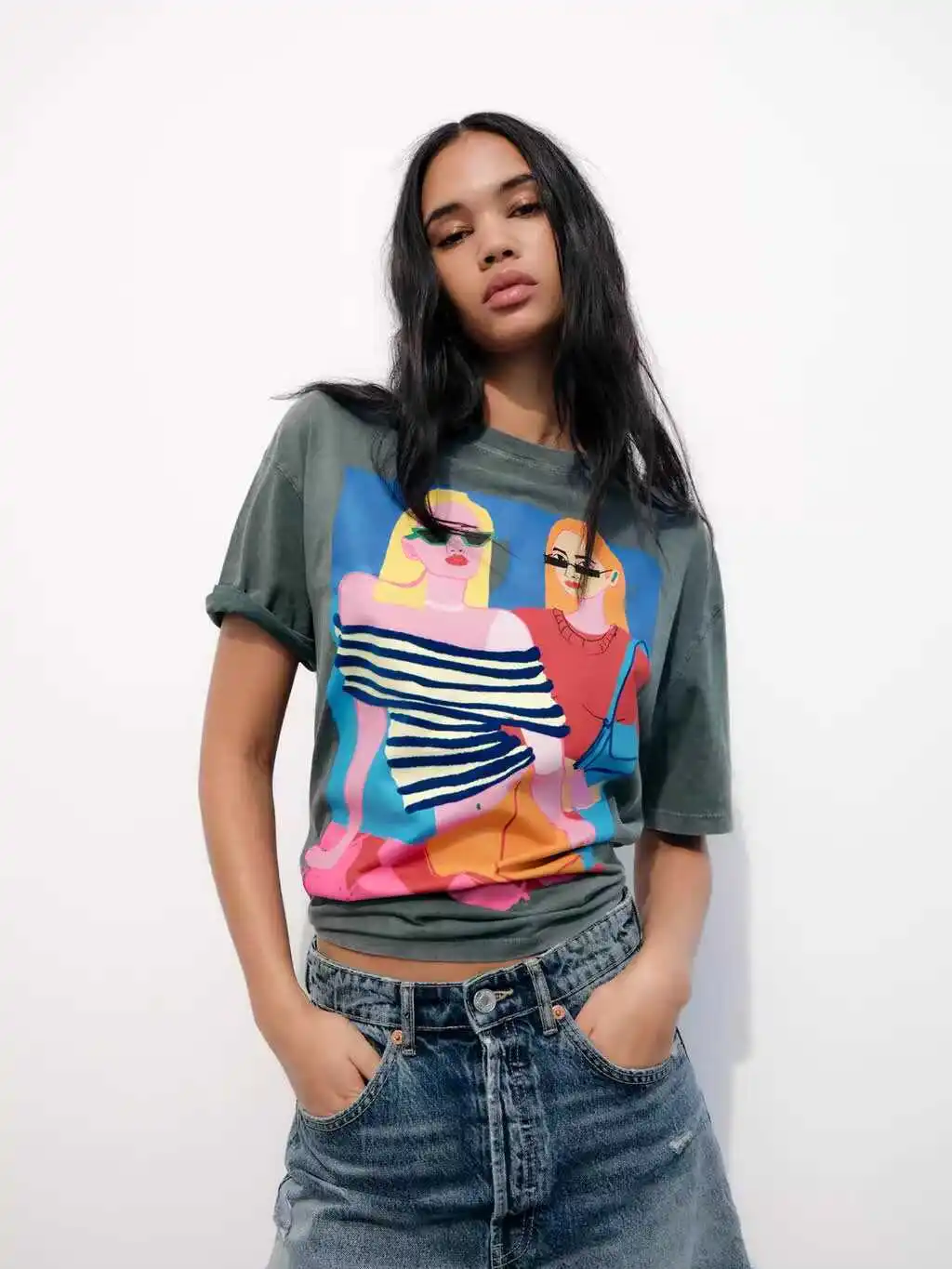 

Summer 2025 American Retro Print Wash Effect round Neck Short Sleeve T-Shirt Women's Street Style Loose Fit Cotton Casual Top