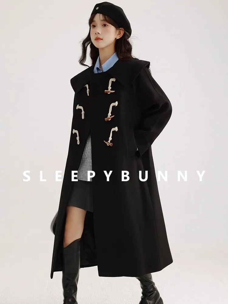 Elegant Woolen Toggle Coat Women Winter Long Overcoat with Lapel Korean Style Black Duffle Jacket for School Work Casual Look