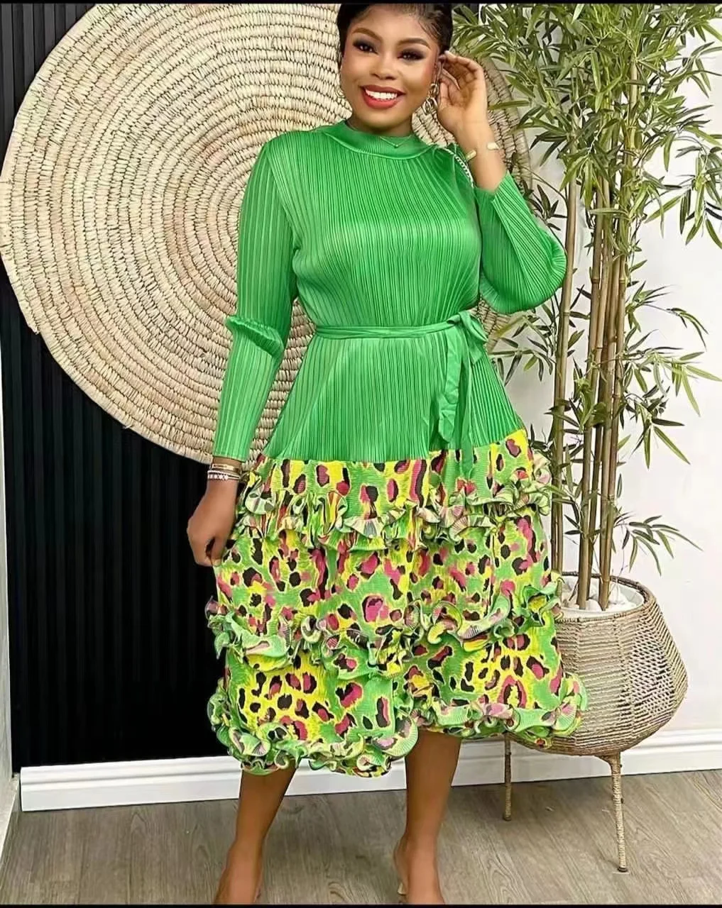 

2023 Summer New Miyake Pleated Midi Dress Striped Dense Edge Color Matching Lace Up Temperament Elegant Dresses For Women