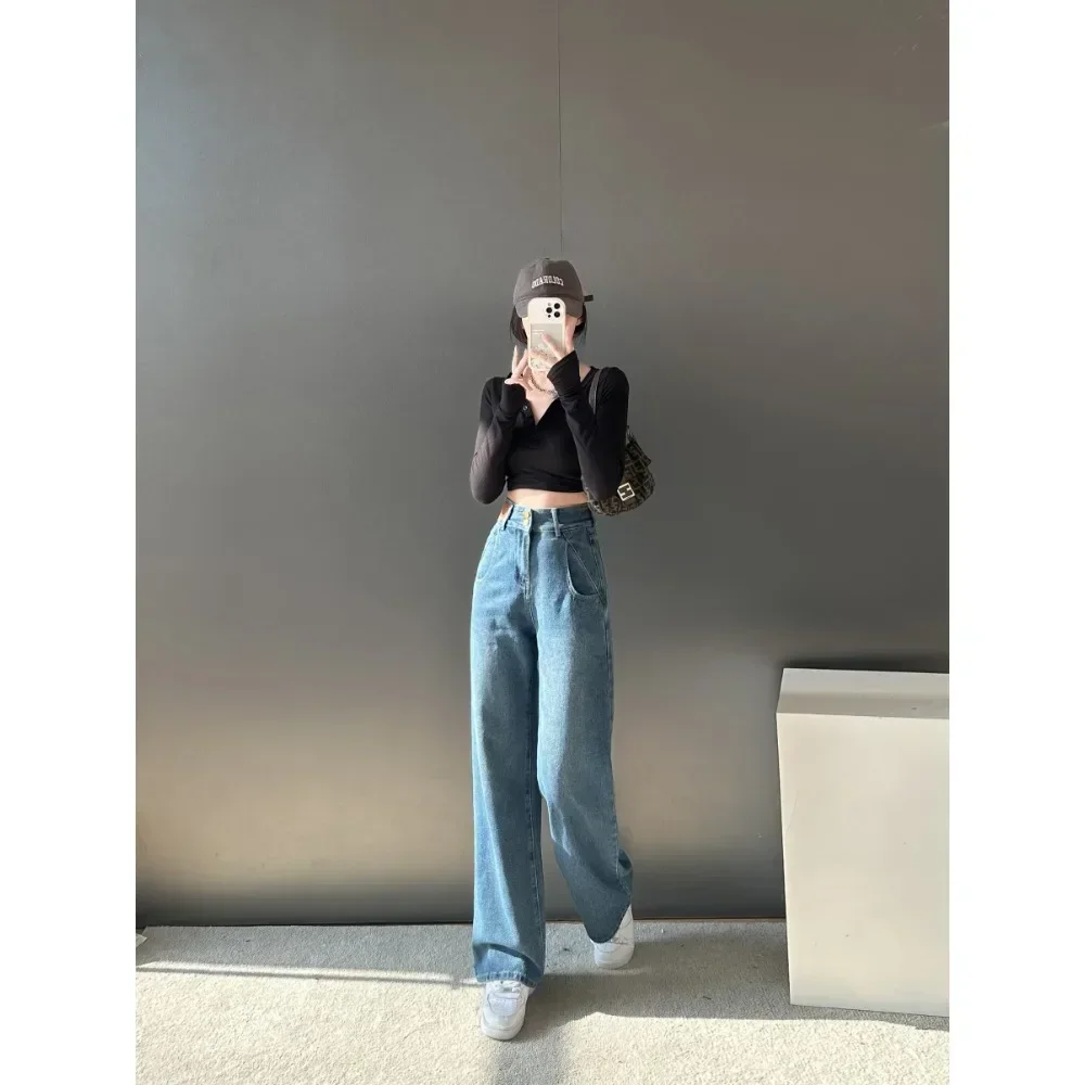 

Grid Pattern Washed Blue Denim High Waist Jeans For Women Baggy Trousers Woman Straight Wide Leg PantsJeans HighQuality Cloth