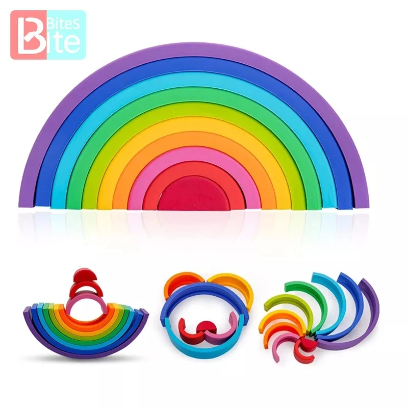 Décennie s de construction empilables arc-en-ciel en silicone, jouets pour bébé, puzzle Montessori, série arc-en-ciel, jeu d\'empilage, jouet