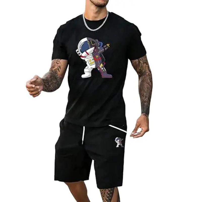 Men's Graphic Cartoon Tracksuits, Crewneck Tee, Drawstring Waist Shorts Set, 2 Piece