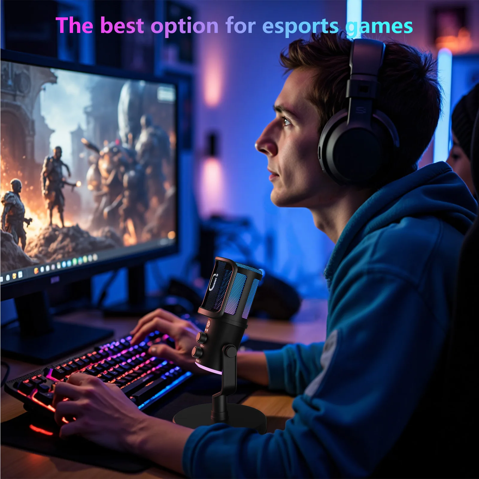 USB/XLR Dynamic Microphone for Podcast Recording, PC Computer Gaming Streaming Mic with RGB Light, Mute Button, Headphones Jack