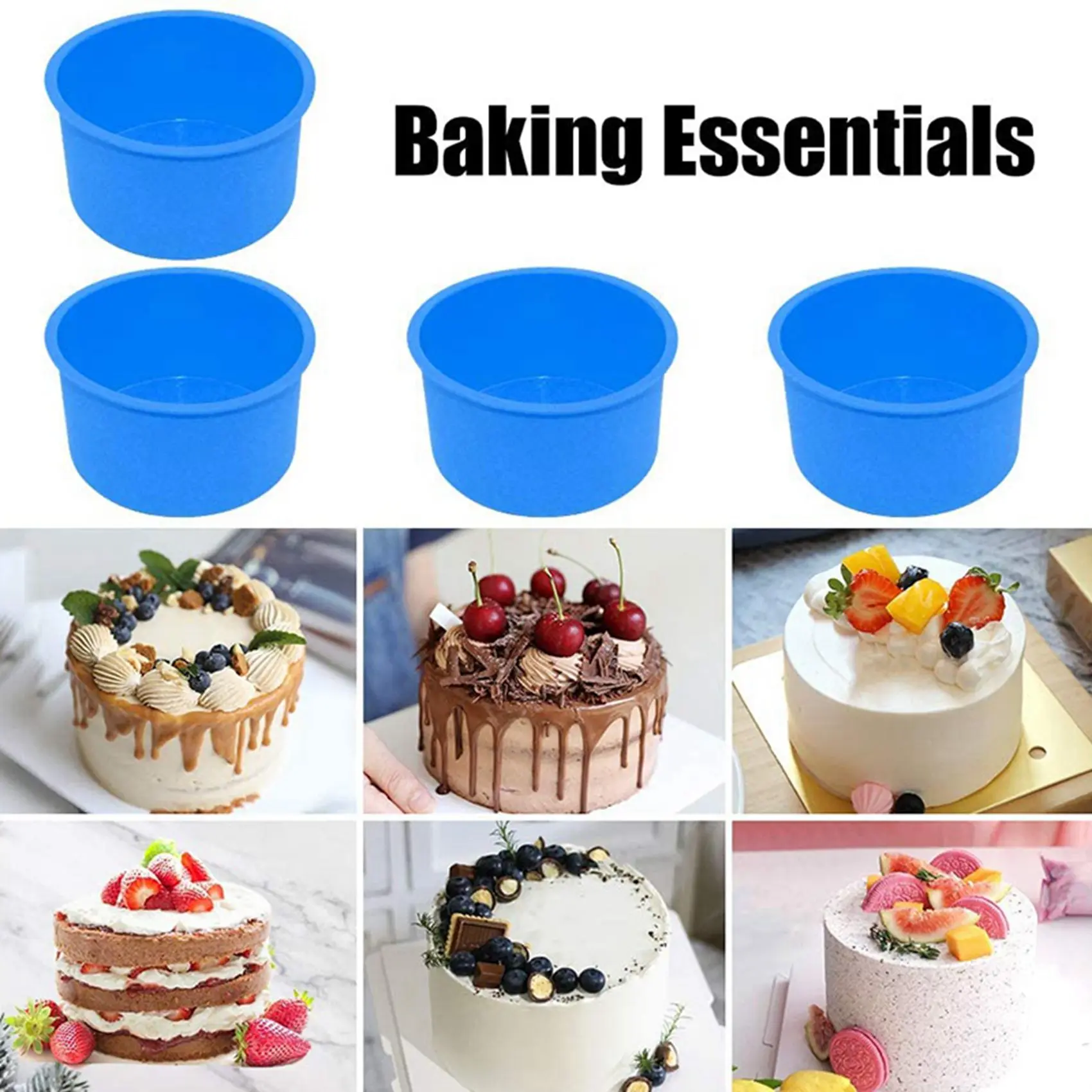 M12K-Silicone Mini Cake Molds 4 Inch Round Baking Pan Non-Stick Silicone Baking Mold Bakeware Pan Reusable Blue, Set Of 12