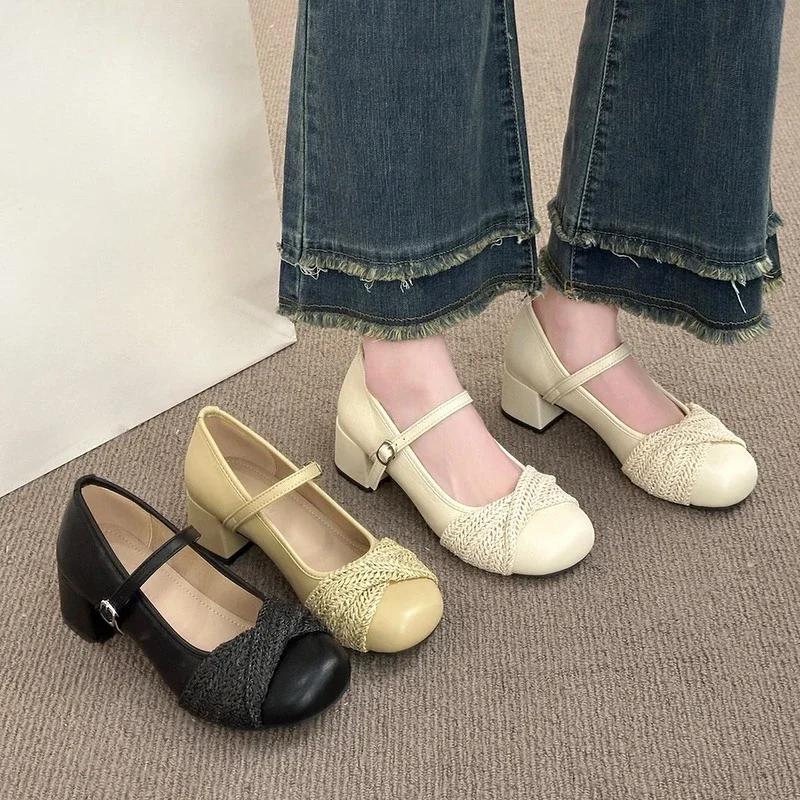 

Women's New Spring and Autumn Single Shoes French Round Toe Shallow Mouth One Strap Mary Jane Shoes Summer High heels