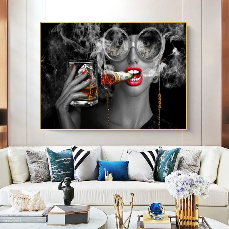 Cool Smoking and Drinking Girl Canvas Painting Posters and Prints Pop Art Woman Wall Pictures for Home Bar Decor Unframed