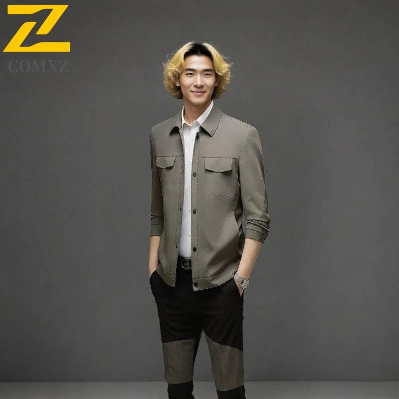 

COMXZ Men Handsome 2025 Jacket Spring Autumn Business Travel Lapel Multi Pocket Lightweight Casual Coat Golf Office Outerwear