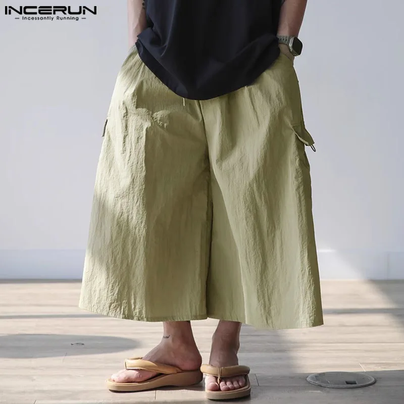 

2024 Men Wide Leg Pants Elastic Waist Loose Pockets Casual Trousers Men Solid Streetwear Joggers Fashion Cargo Pants INCERUN