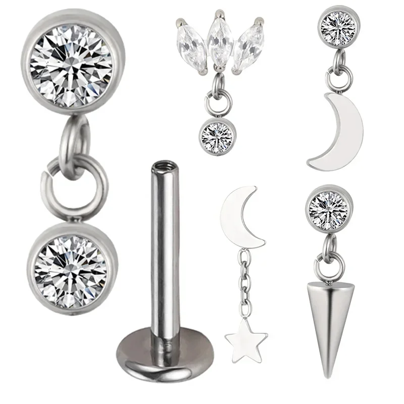 ASTM F136 Titanium EAR PIERC Pendant Chain Dangle Ear Studs With CZ Top Labret Lip Stud Cartilage Earrings Body Piercing Jewelry