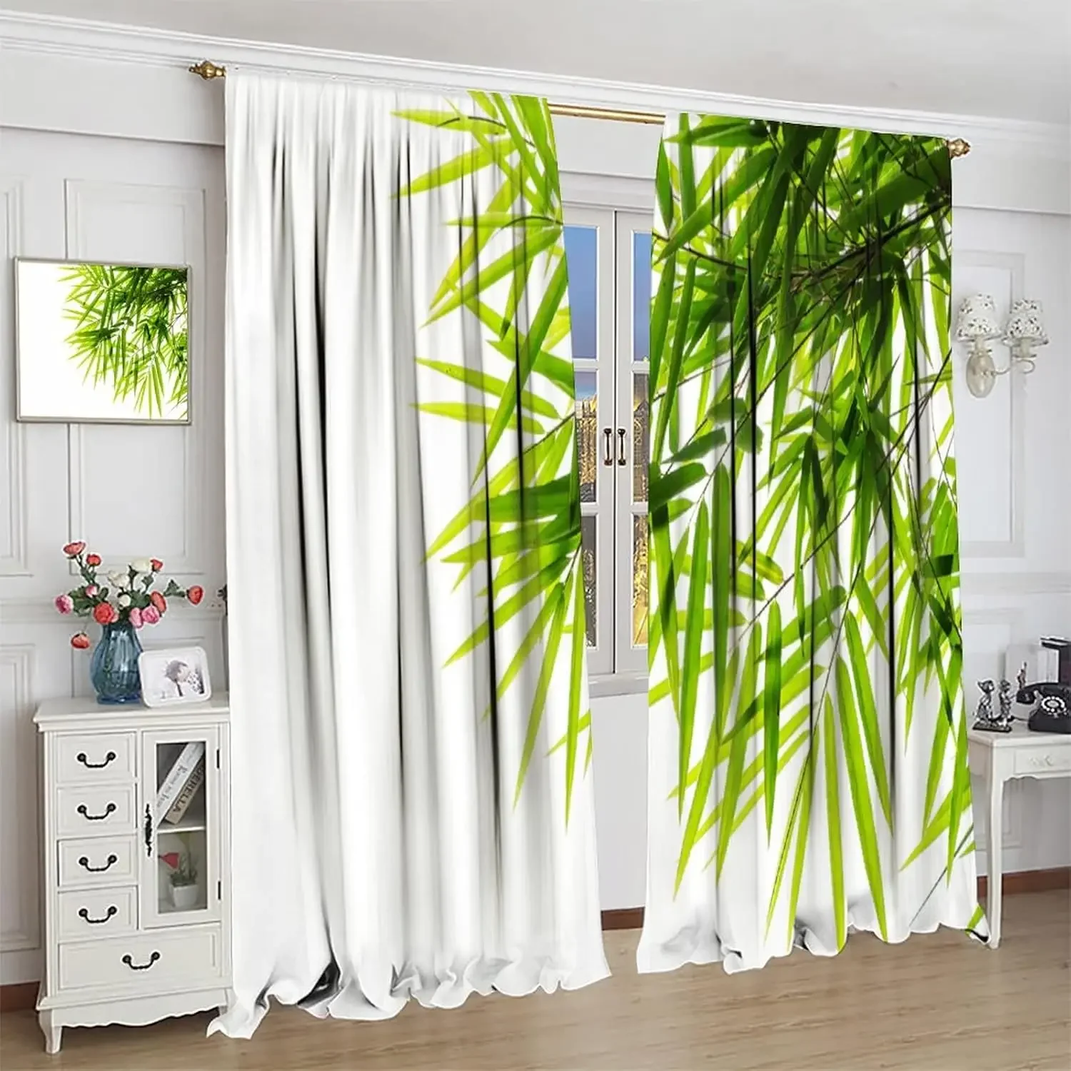 Bamboo Print Curtains Bamboo Leaf Health Fresh Purity Tranquil Art Living Room Bedroom Rod Pocket Blackout Window Drapes 2Panels