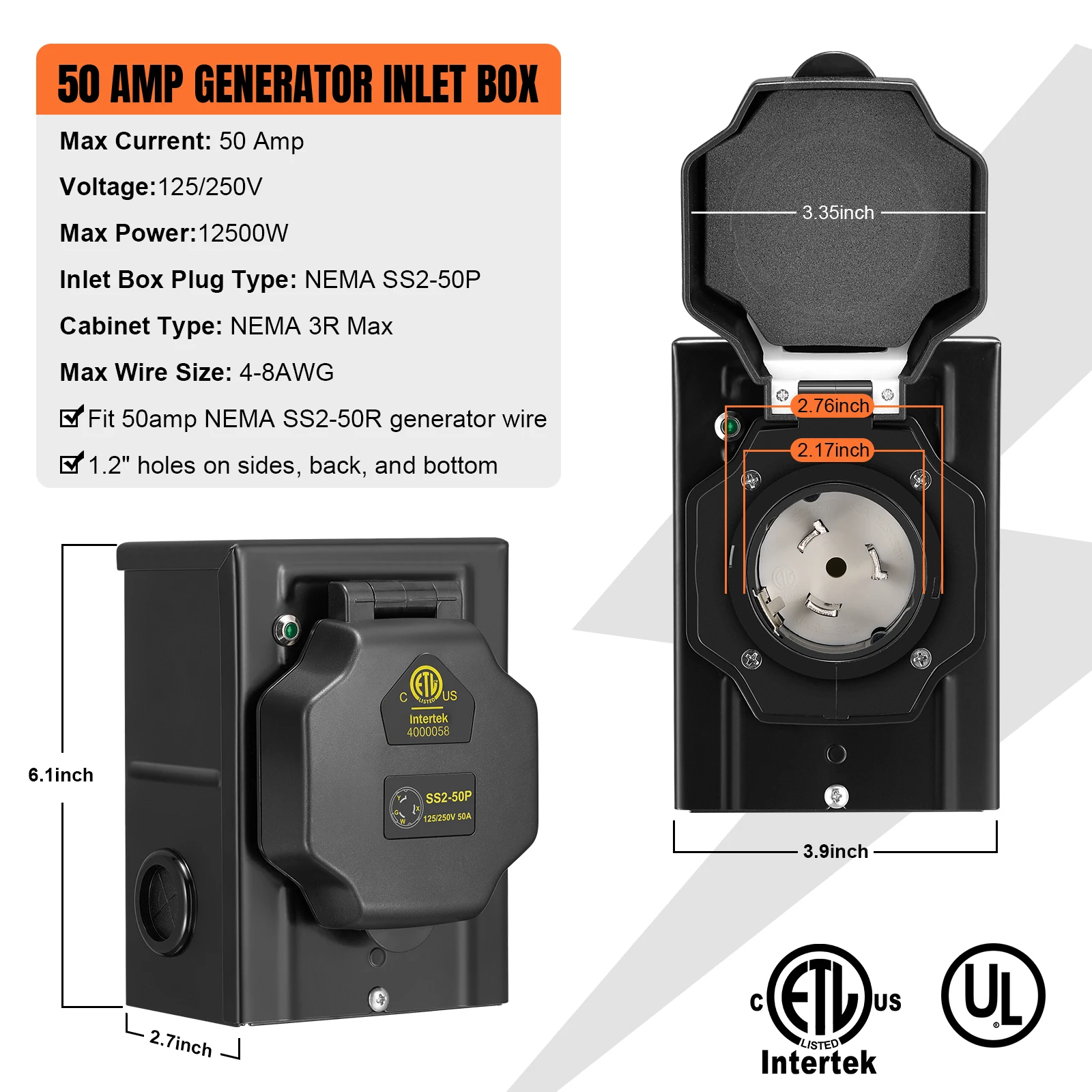 Cable generador de 15 pies y 50 amperios con caja de entrada de energía preperforada, cable de alimentación para generador de alta resistencia, fuente de alimentación para el hogar/RV