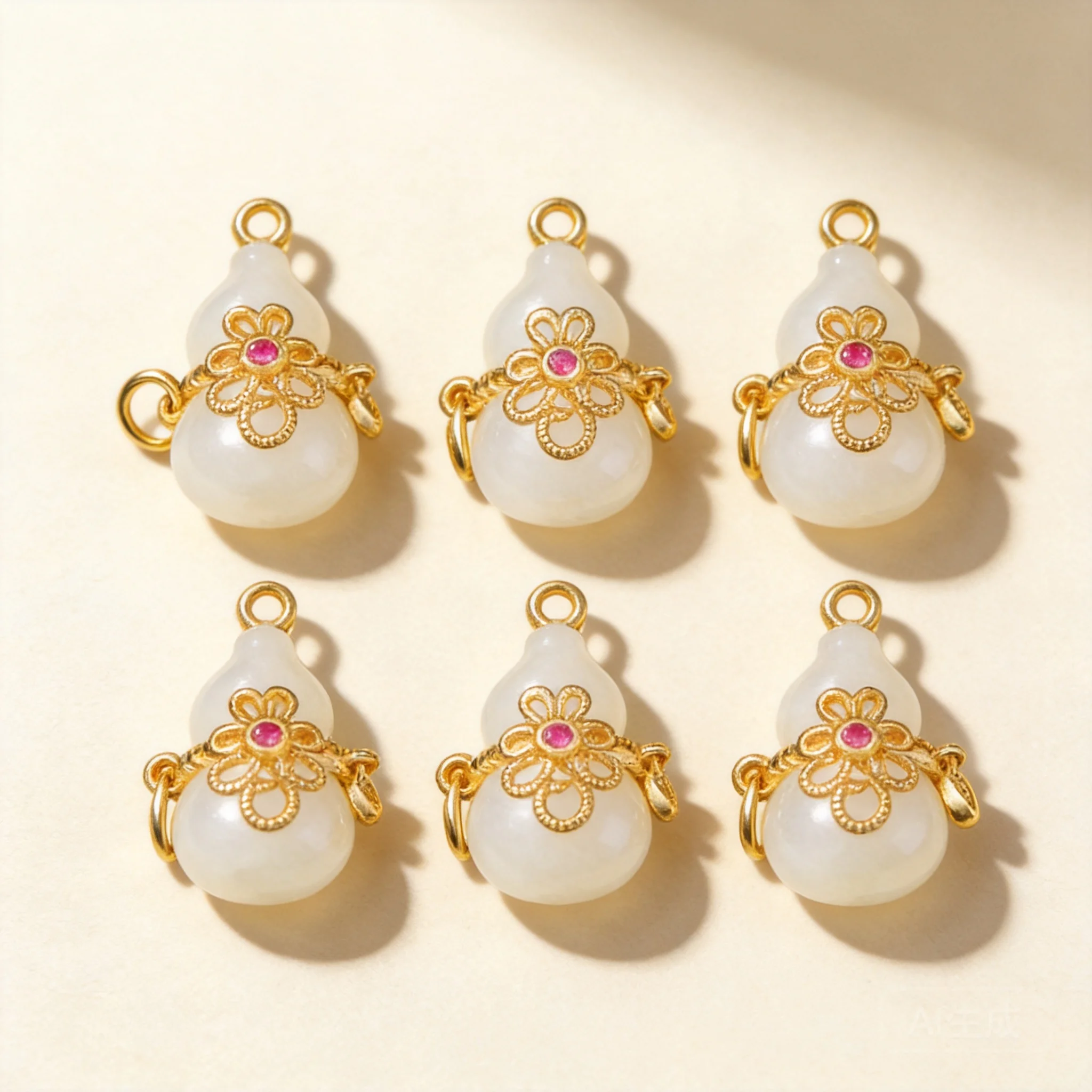 Chinese Style Lucky Fortune Wealth 925 Sterling Silver Gold Plated White Jade Gourd Six Syllable Mantra Spacer Beads For Diy Jew