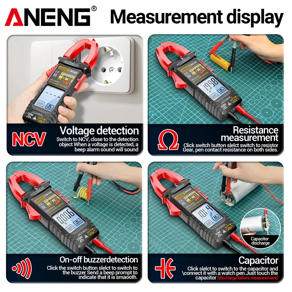 Miernik cęgowy cyfrowy Multimetr ANENG PN109 Amperomierz 4000 Counts Tester napięcia AC/DC 600V 600A Hz Pojemność NCV Testowanie omów