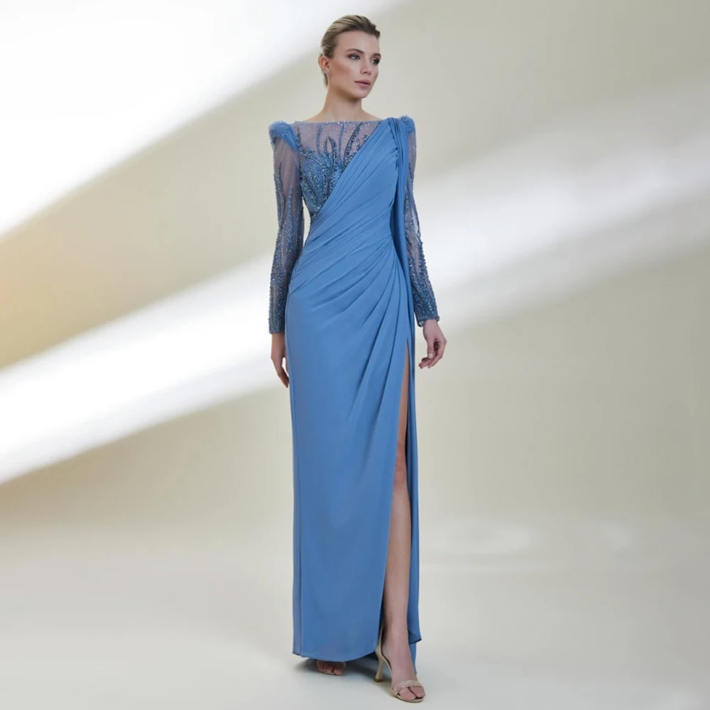 Luxury Evening Dresses Light Blue Mermaid Beading Boat Neck  Gowns for Women Side Slit Long Sleeves Wedding Party Dress