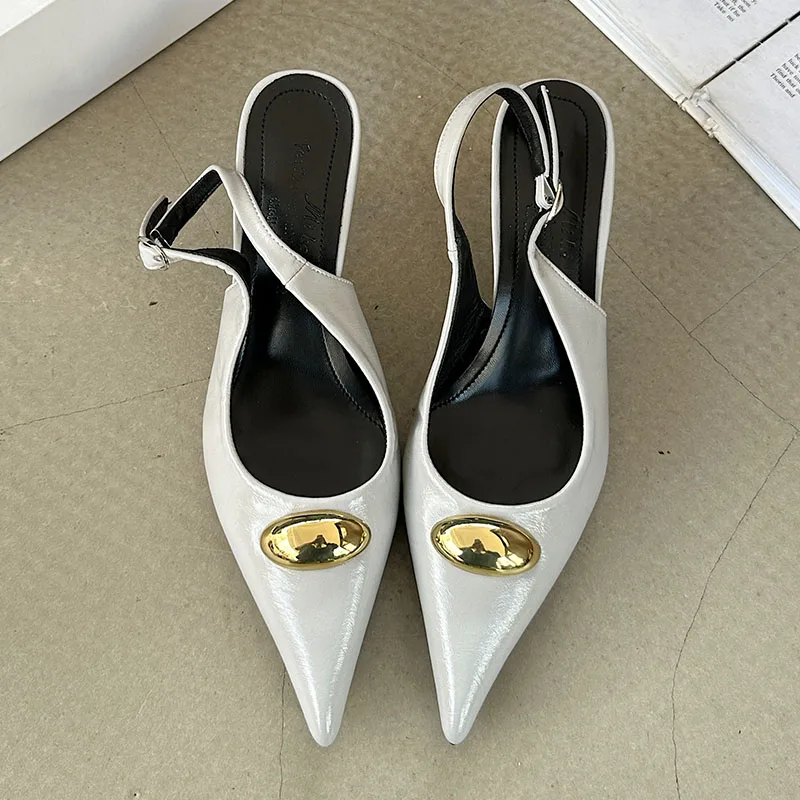 Fashion Metal Rivet Footwear Shallow Women Medium Heels Pumps Shoes 2025 Female Slingbacks Pointed Toe Ladies Thin Heels Shoes