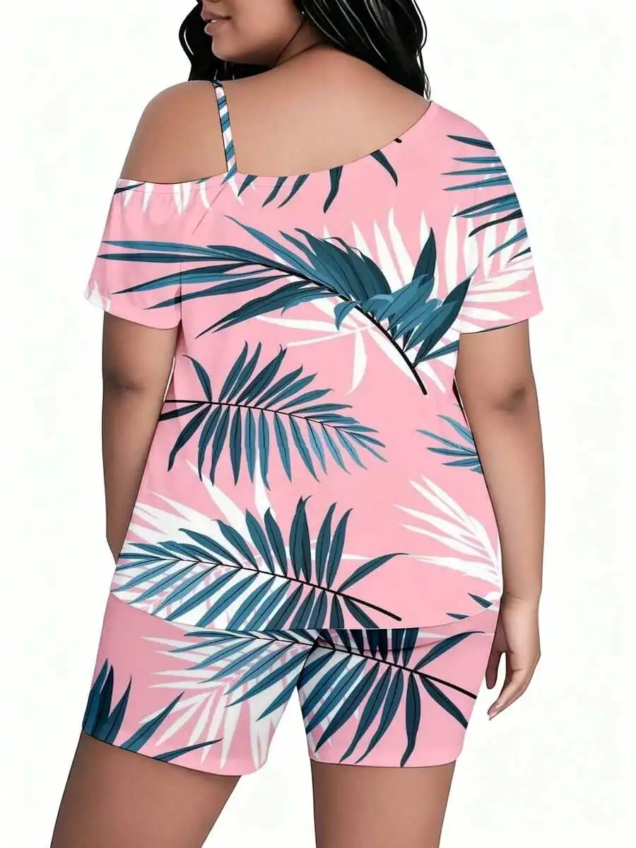 

Plus Size Off Shoulder Short Sleeve Shorts Set Tropical Leaf Print Summer Casual Wear